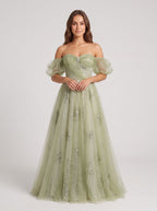 Sage Green Tulle A-Line Off-the-Shoulder Lace-up Floor-Length Dress with Beading - Curvevia