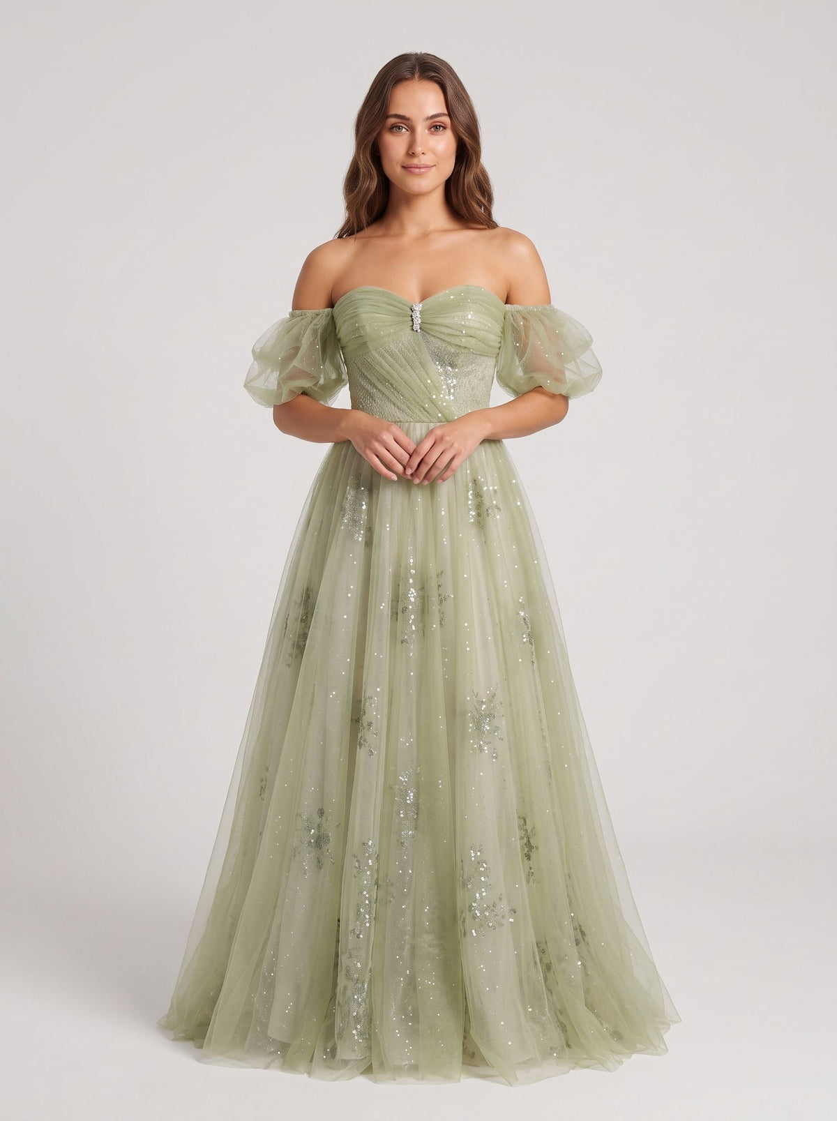 Sage Green Tulle A-Line Off-the-Shoulder Lace-up Floor-Length Dress with Beading - Curvevia