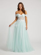 Mint Green Tulle A-Line Off-the-Shoulder Back Zip Floor-Length Dress with 3D Flowers - Curvevia