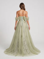 Sage Green Tulle A-Line Off-the-Shoulder Lace-up Floor-Length Dress with Beading - Curvevia