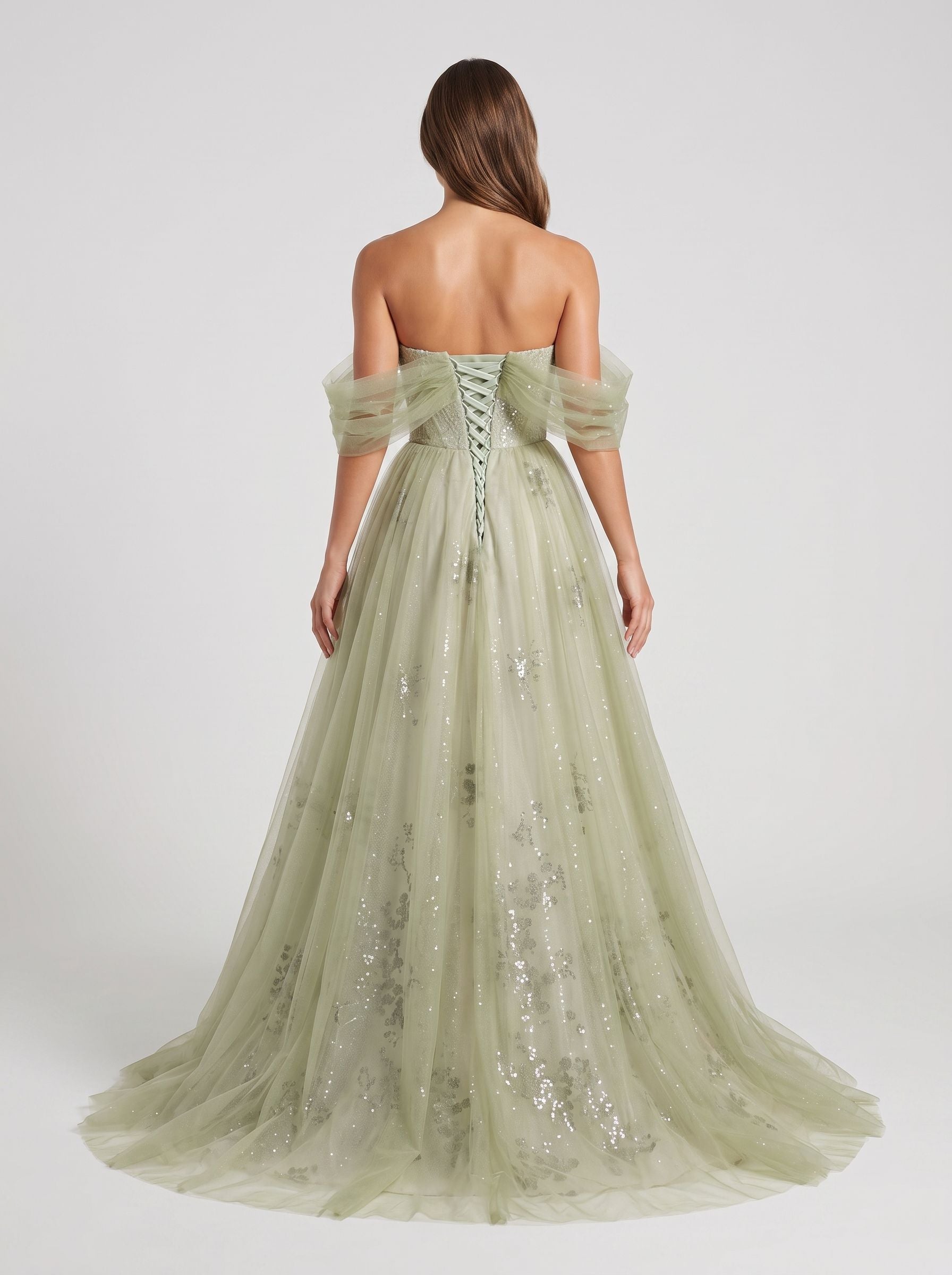 Sage Green Tulle A-Line Off-the-Shoulder Lace-up Floor-Length Dress with Beading - Curvevia