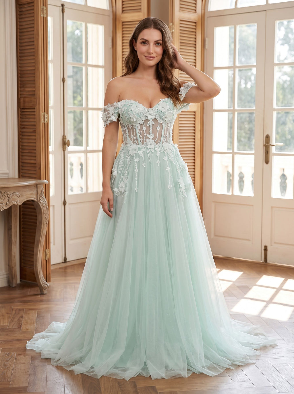 Mint Green Tulle A-Line Off-the-Shoulder Back Zip Floor-Length Dress with 3D Flowers - Curvevia