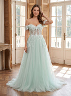 Mint Green Tulle A-Line Off-the-Shoulder Back Zip Floor-Length Dress with 3D Flowers - Curvevia