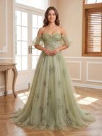 Sage Green Tulle A-Line Off-the-Shoulder Lace-up Floor-Length Dress with Beading - Curvevia