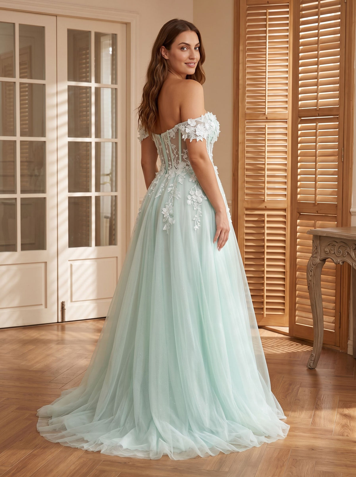 Mint Green Tulle A-Line Off-the-Shoulder Back Zip Floor-Length Dress with 3D Flowers - Curvevia