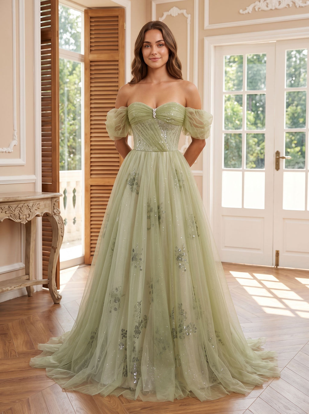 Sage Green Tulle A-Line Off-the-Shoulder Lace-up Floor-Length Dress with Beading - Curvevia