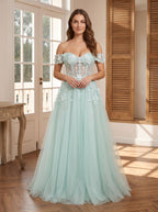 Mint Green Tulle A-Line Off-the-Shoulder Back Zip Floor-Length Dress with 3D Flowers - Curvevia