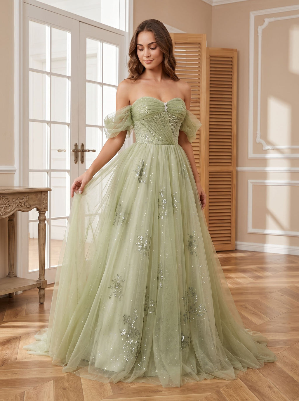 Sage Green Tulle A-Line Off-the-Shoulder Lace-up Floor-Length Dress with Beading - Curvevia