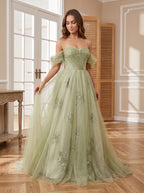 Sage Green Tulle A-Line Off-the-Shoulder Lace-up Floor-Length Dress with Beading - Curvevia