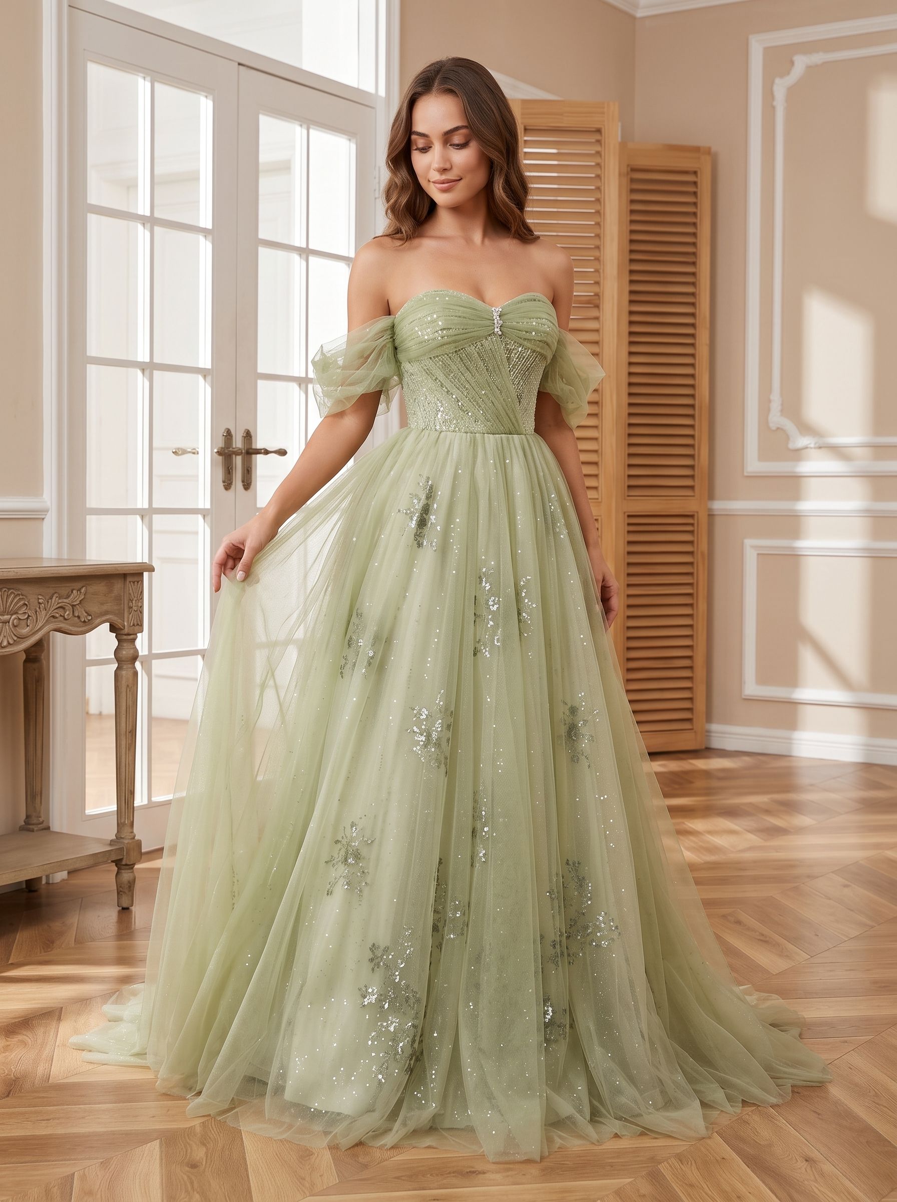 Sage Green Tulle A-Line Off-the-Shoulder Lace-up Floor-Length Dress with Beading - Curvevia