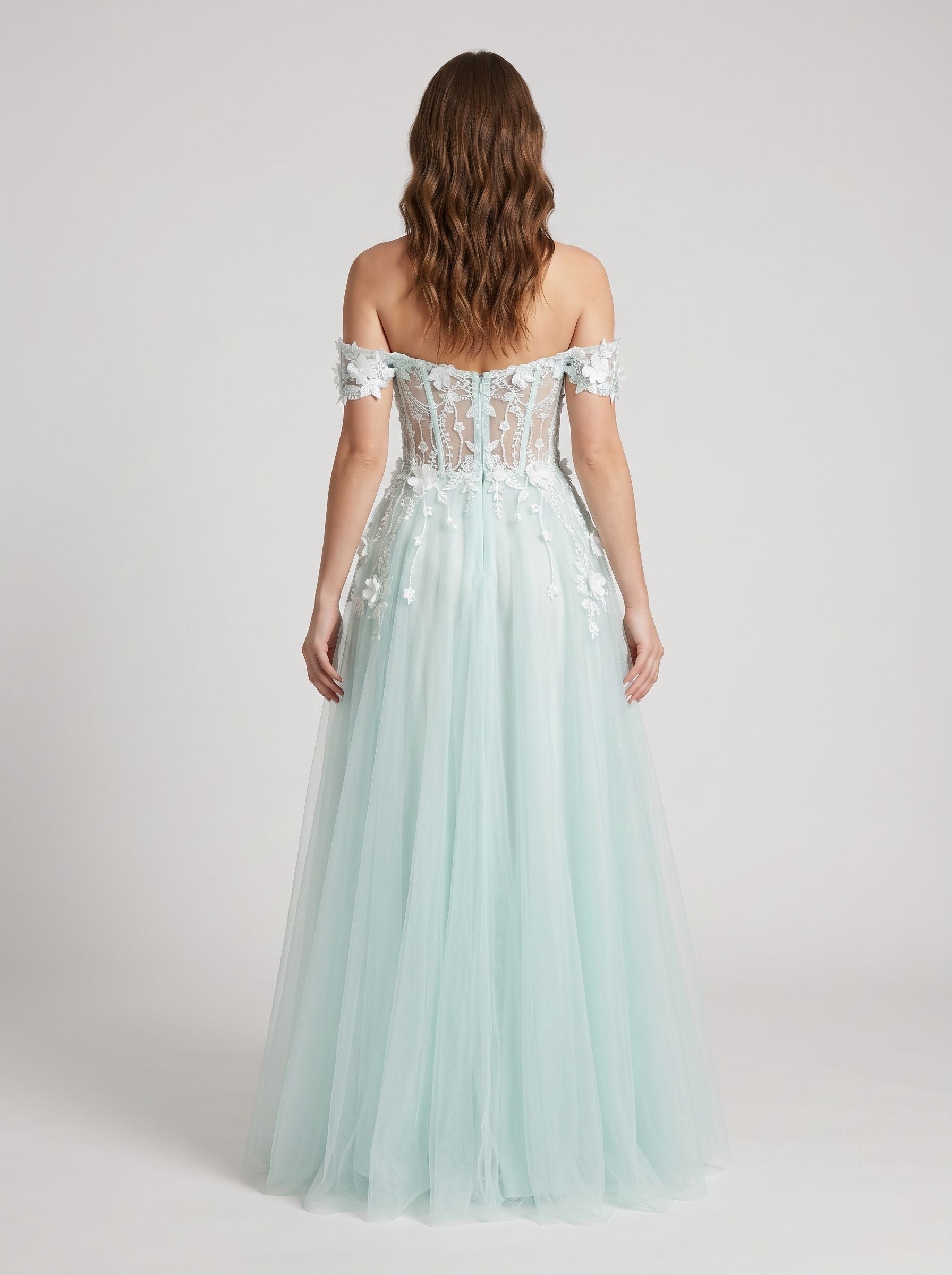 Mint Green Tulle A-Line Off-the-Shoulder Back Zip Floor-Length Dress with 3D Flowers - Curvevia