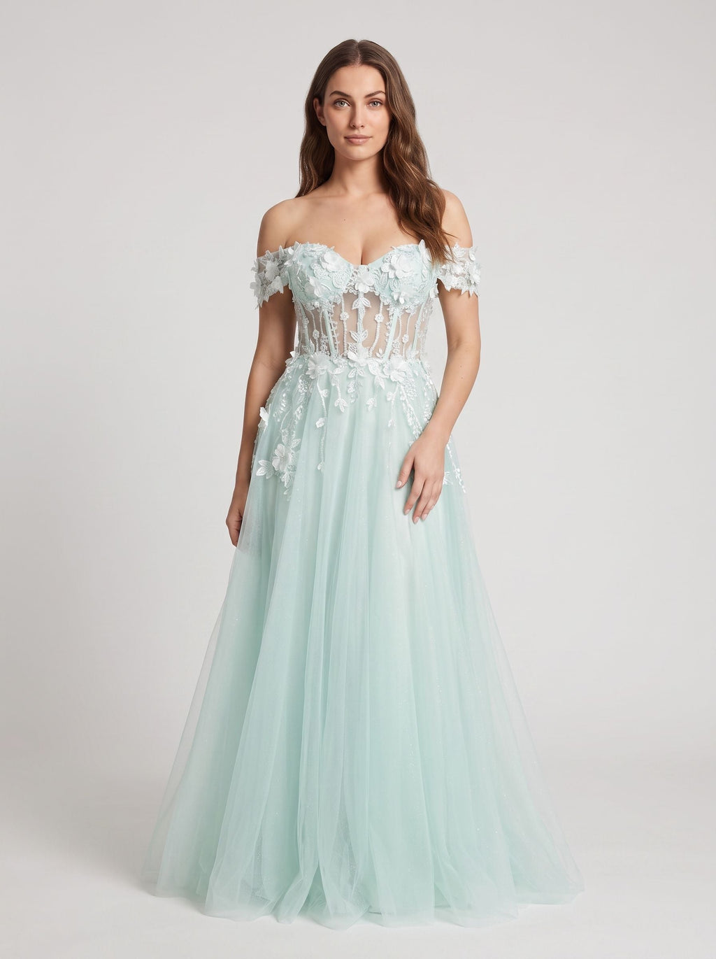 Mint Green Tulle A-Line Off-the-Shoulder Back Zip Floor-Length Dress with 3D Flowers - Curvevia