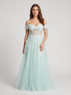 Mint Green Tulle A-Line Off-the-Shoulder Back Zip Floor-Length Dress with 3D Flowers - Curvevia