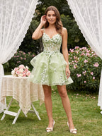 Mint Green Tulle A-Line Sweetheart Back Zip Short Dress with Floral Appliques - Curvevia