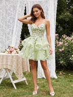 Mint Green Tulle A-Line Sweetheart Back Zip Short Dress with Floral Appliques - Curvevia