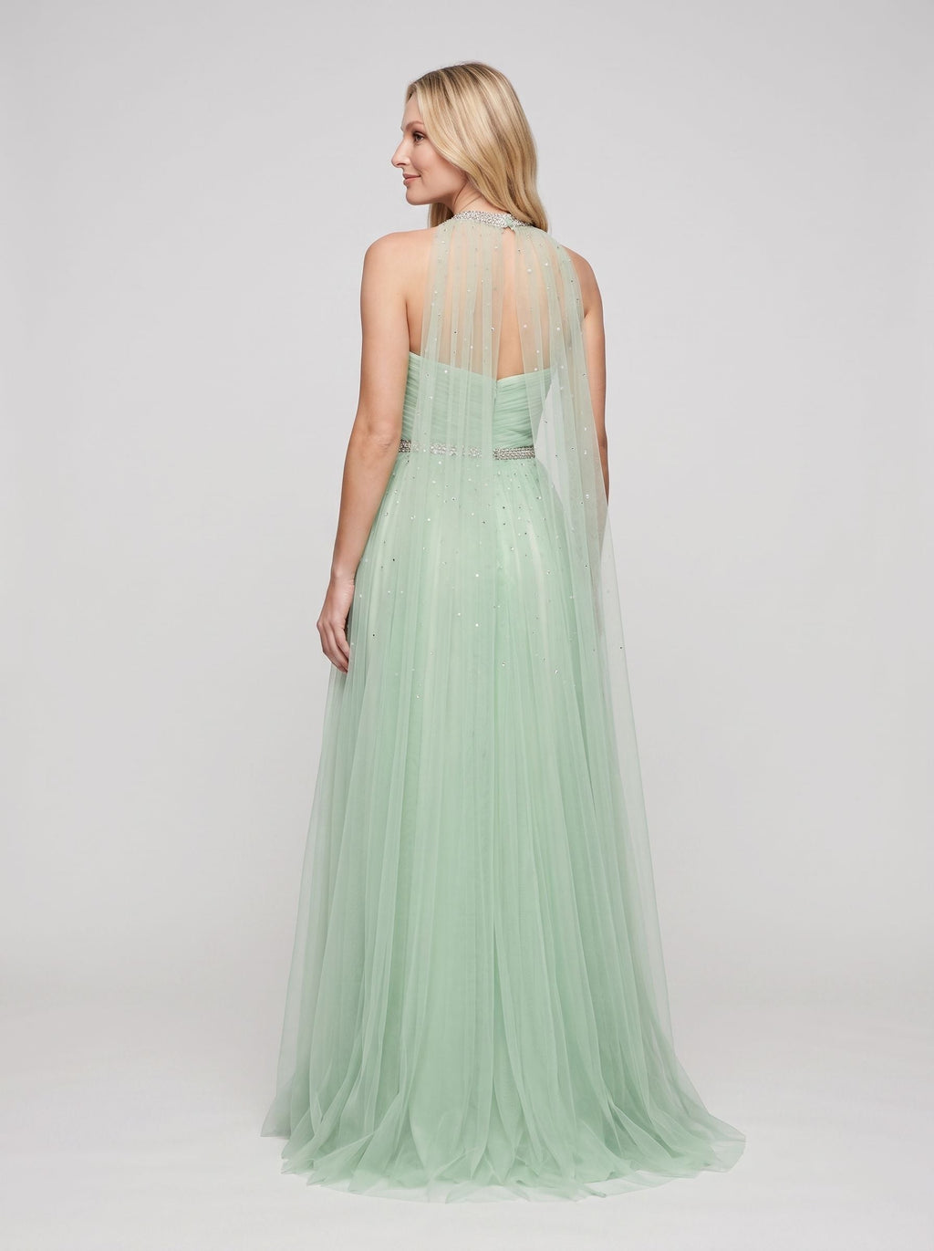 Mint Green Tulle A-Line Sweetheart Back Zip Floor-Length Dress with Beaded Details and High Slit - Curvevia