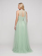 Mint Green Tulle A-Line Sweetheart Back Zip Floor-Length Dress with Beaded Details and High Slit - Curvevia