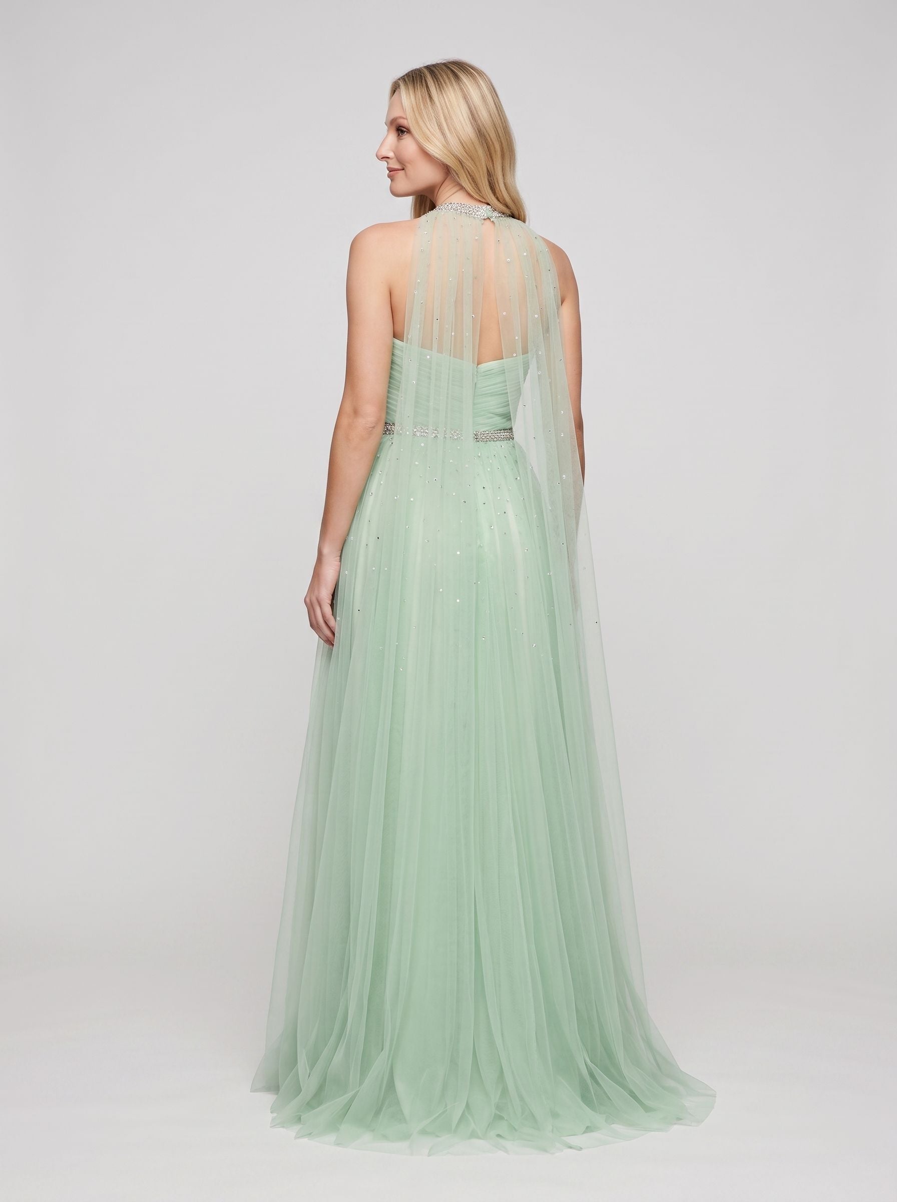 Mint Green Tulle A-Line Sweetheart Back Zip Floor-Length Dress with Beaded Details and High Slit - Curvevia