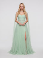 Mint Green Tulle A-Line Sweetheart Back Zip Floor-Length Dress with Beaded Details and High Slit - Curvevia