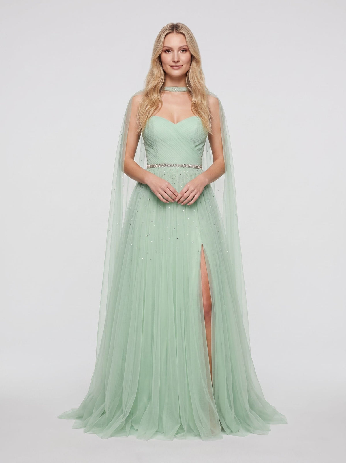 Mint Green Tulle A-Line Sweetheart Back Zip Floor-Length Dress with Beaded Details and High Slit - Curvevia