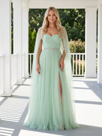 Mint Green Tulle A-Line Sweetheart Back Zip Floor-Length Dress with Beaded Details and High Slit - Curvevia