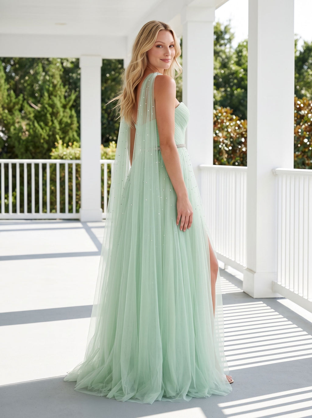 Mint Green Tulle A-Line Sweetheart Back Zip Floor-Length Dress with Beaded Details and High Slit - Curvevia