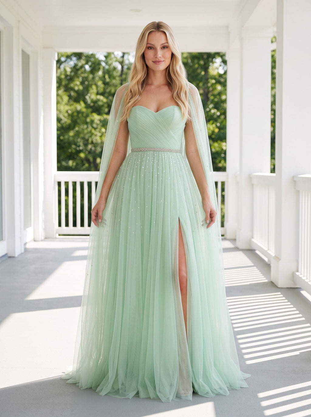 Mint Green Tulle A-Line Sweetheart Back Zip Floor-Length Dress with Beaded Details and High Slit - Curvevia