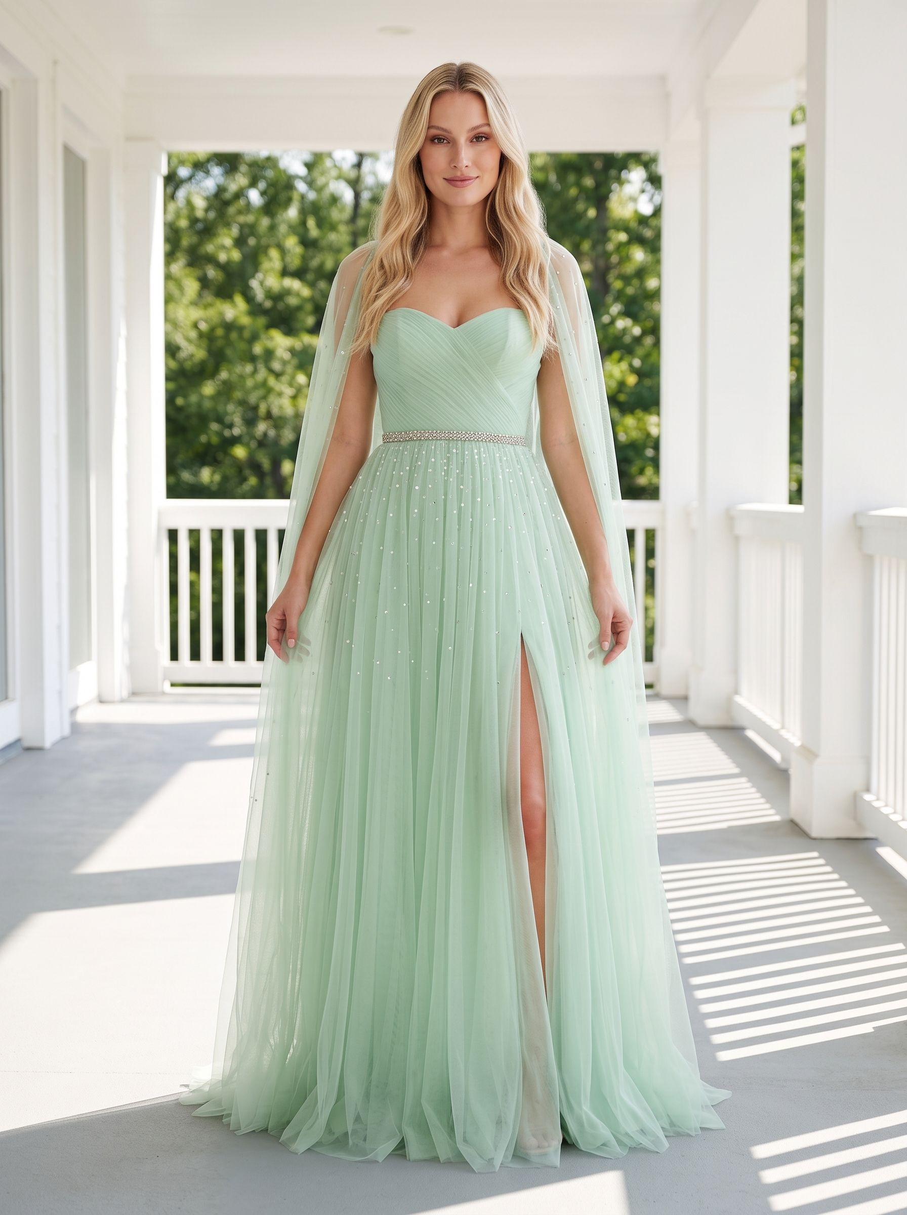 Mint Green Tulle A-Line Sweetheart Back Zip Floor-Length Dress with Beaded Details and High Slit - Curvevia