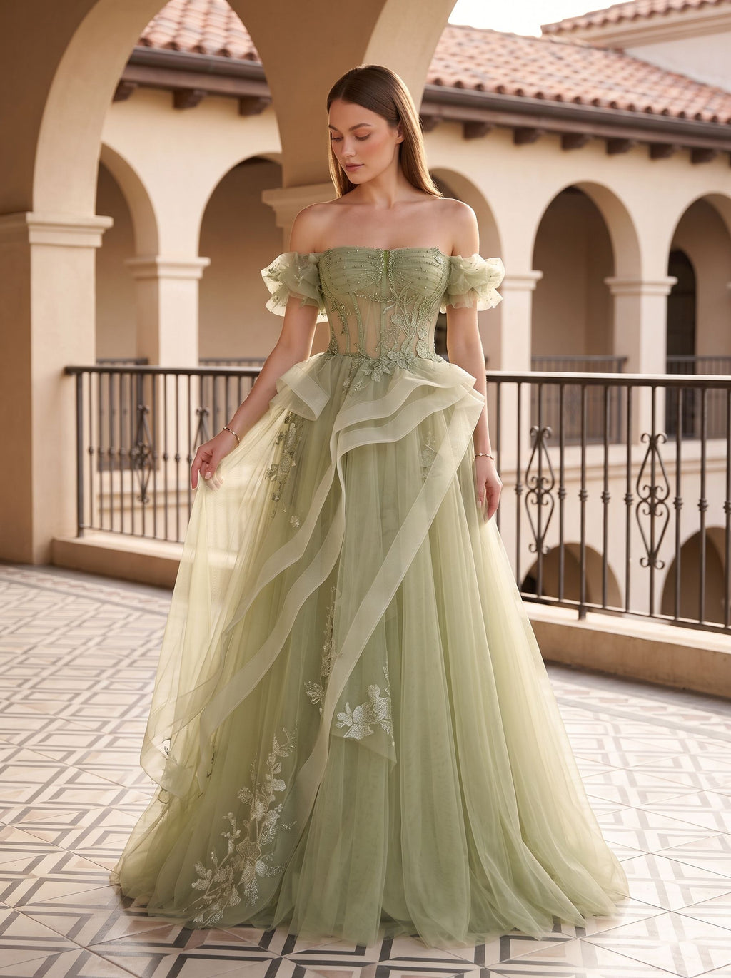 Sage Green Tulle A-Line Off-the-Shoulder Lace-up Asymmetrical Dress with Floral Embroidery - Curvevia