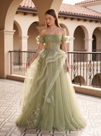 Sage Green Tulle A-Line Off-the-Shoulder Lace-up Asymmetrical Dress with Floral Embroidery - Curvevia