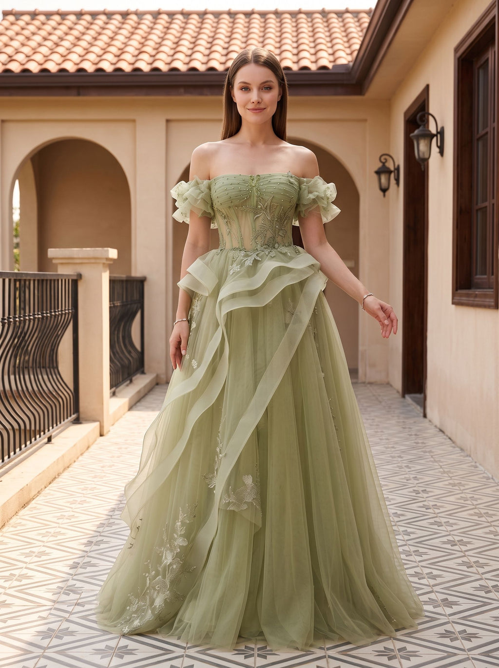 Sage Green Tulle A-Line Off-the-Shoulder Lace-up Asymmetrical Dress with Floral Embroidery - Curvevia