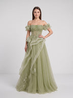 Sage Green Tulle A-Line Off-the-Shoulder Lace-up Asymmetrical Dress with Floral Embroidery - Curvevia