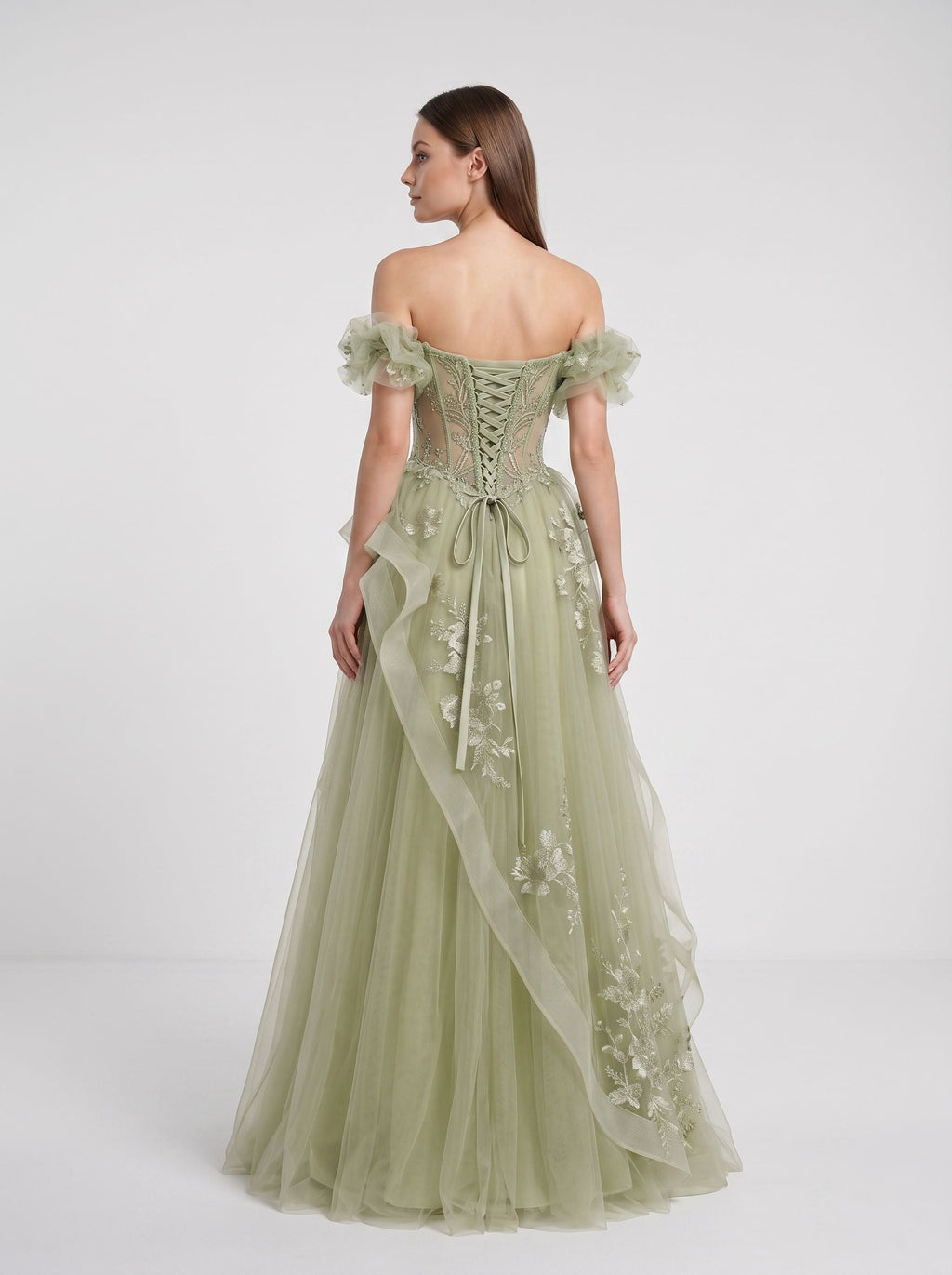 Sage Green Tulle A-Line Off-the-Shoulder Lace-up Asymmetrical Dress with Floral Embroidery - Curvevia