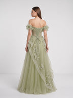 Sage Green Tulle A-Line Off-the-Shoulder Lace-up Asymmetrical Dress with Floral Embroidery - Curvevia