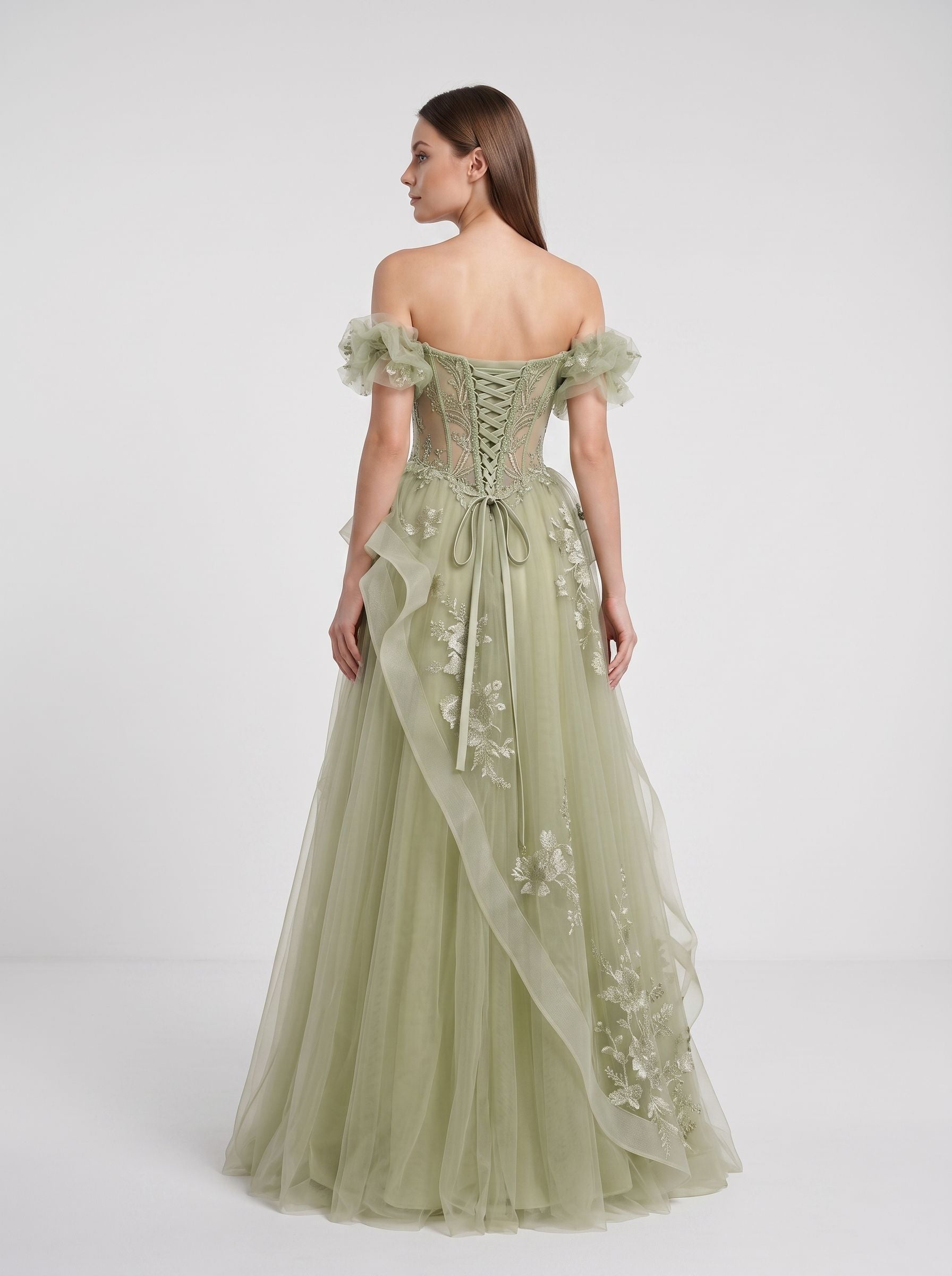 Sage Green Tulle A-Line Off-the-Shoulder Lace-up Asymmetrical Dress with Floral Embroidery - Curvevia