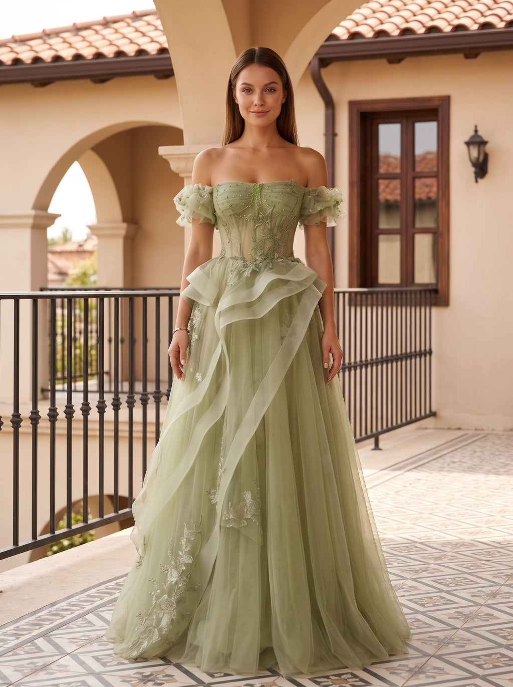 Sage Green Tulle A-Line Off-the-Shoulder Lace-up Asymmetrical Dress with Floral Embroidery - Curvevia