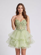 Mint Green Tulle A-Line V-Neck Back Zip Short Dress with Embroidery - Curvevia