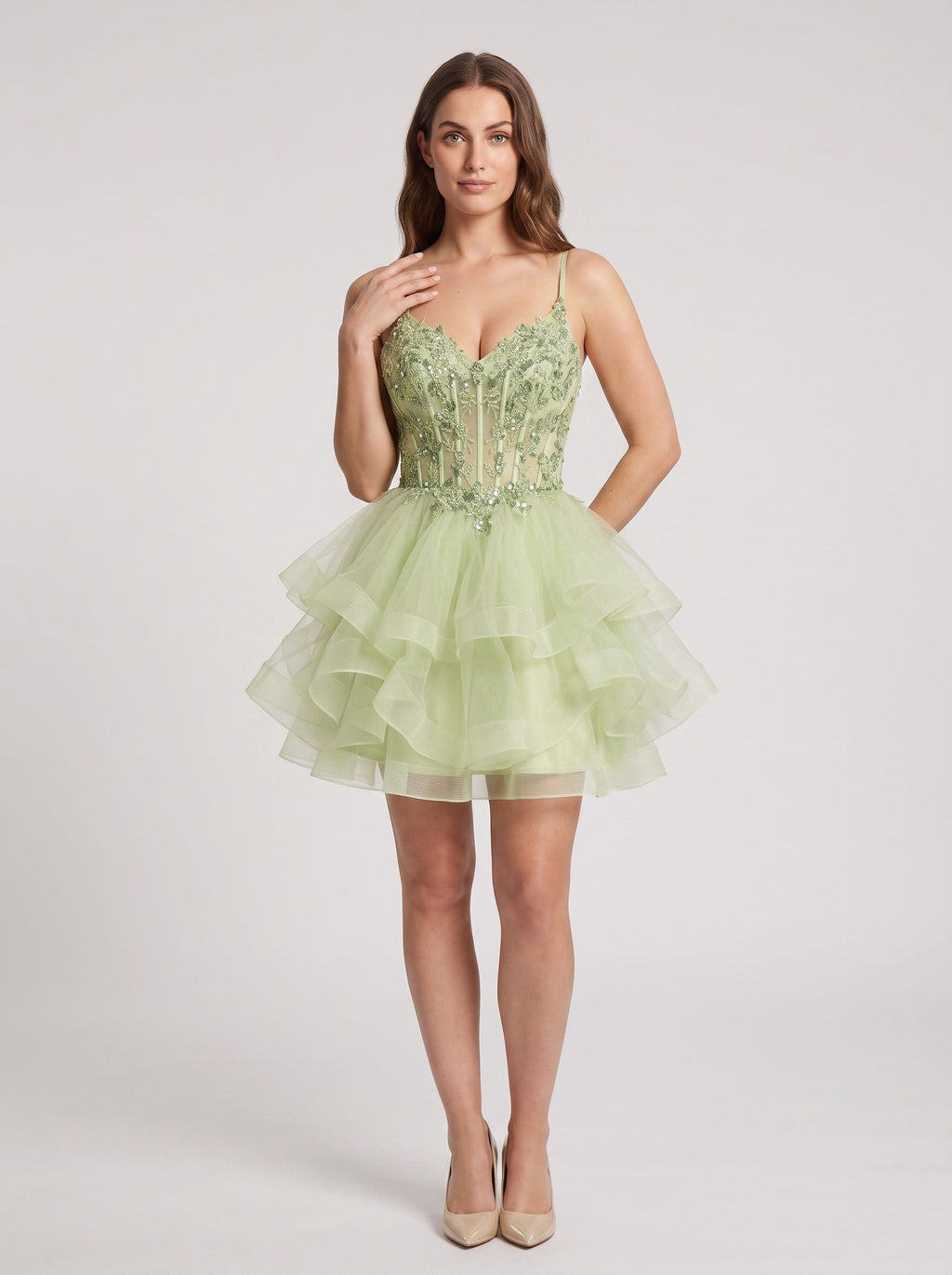 Mint Green Tulle A-Line V-Neck Back Zip Short Dress with Embroidery - Curvevia