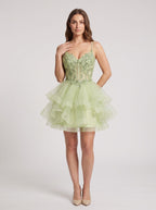 Mint Green Tulle A-Line V-Neck Back Zip Short Dress with Embroidery - Curvevia