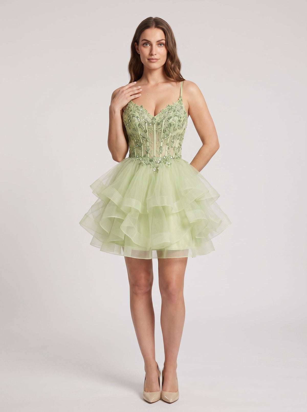 Mint Green Tulle A-Line V-Neck Back Zip Short Dress with Embroidery - Curvevia