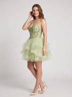 Mint Green Tulle A-Line V-Neck Back Zip Short Dress with Embroidery - Curvevia
