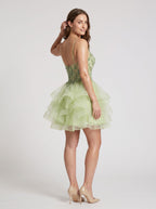 Mint Green Tulle A-Line V-Neck Back Zip Short Dress with Embroidery - Curvevia