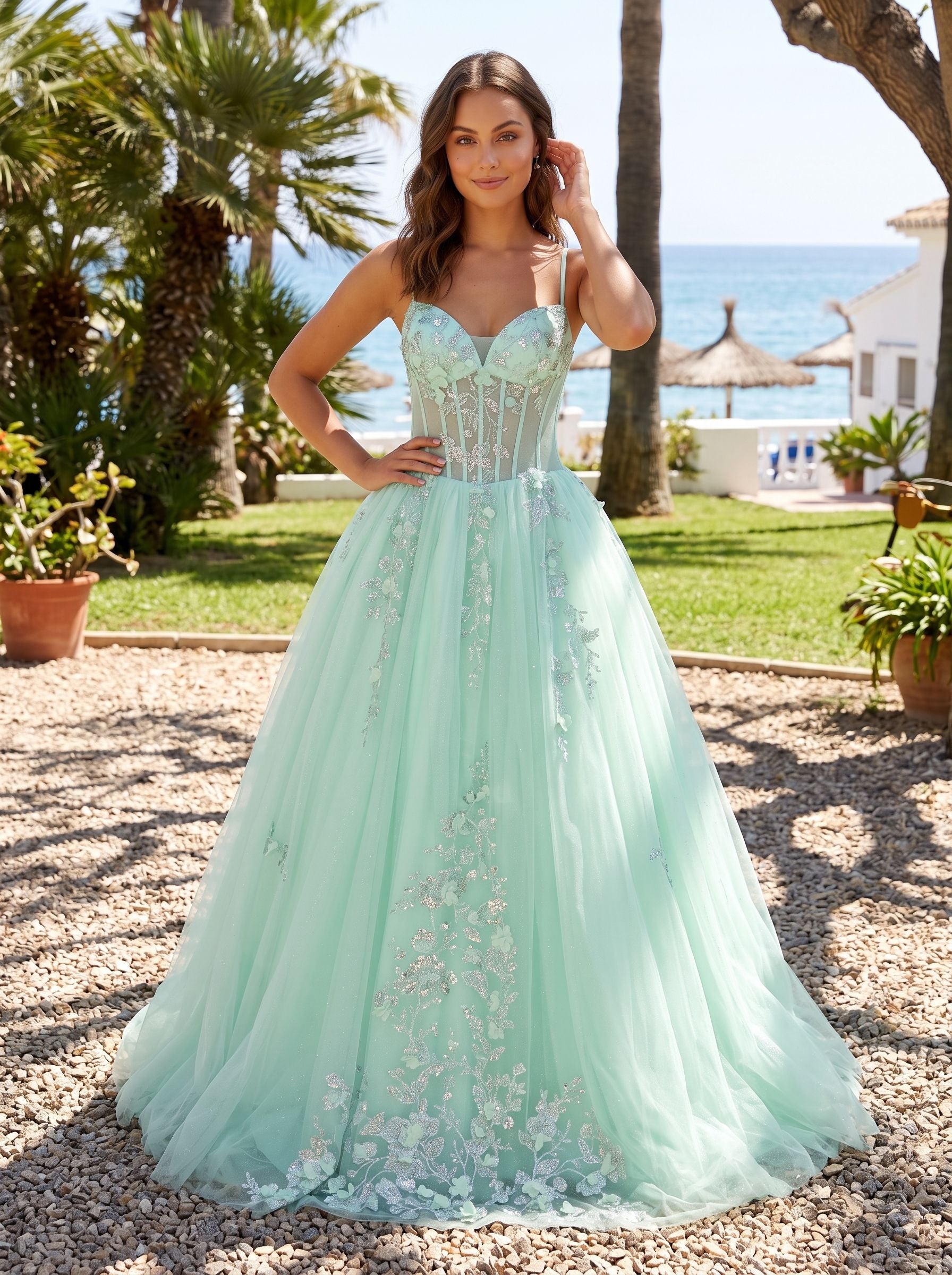 Mint Green Tulle A-Line V-Neck Back Zip Floor-Length Dress with Lace Appliques - Curvevia
