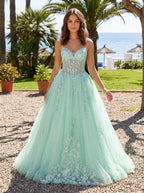 Mint Green Tulle A-Line V-Neck Back Zip Floor-Length Dress with Lace Appliques - Curvevia