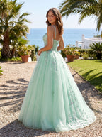 Mint Green Tulle A-Line V-Neck Back Zip Floor-Length Dress with Lace Appliques - Curvevia