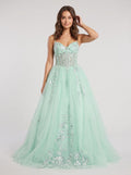 Mint Green Tulle A-Line V-Neck Back Zip Floor-Length Dress with Lace Appliques - Curvevia