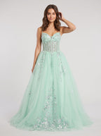 Mint Green Tulle A-Line V-Neck Back Zip Floor-Length Dress with Lace Appliques - Curvevia
