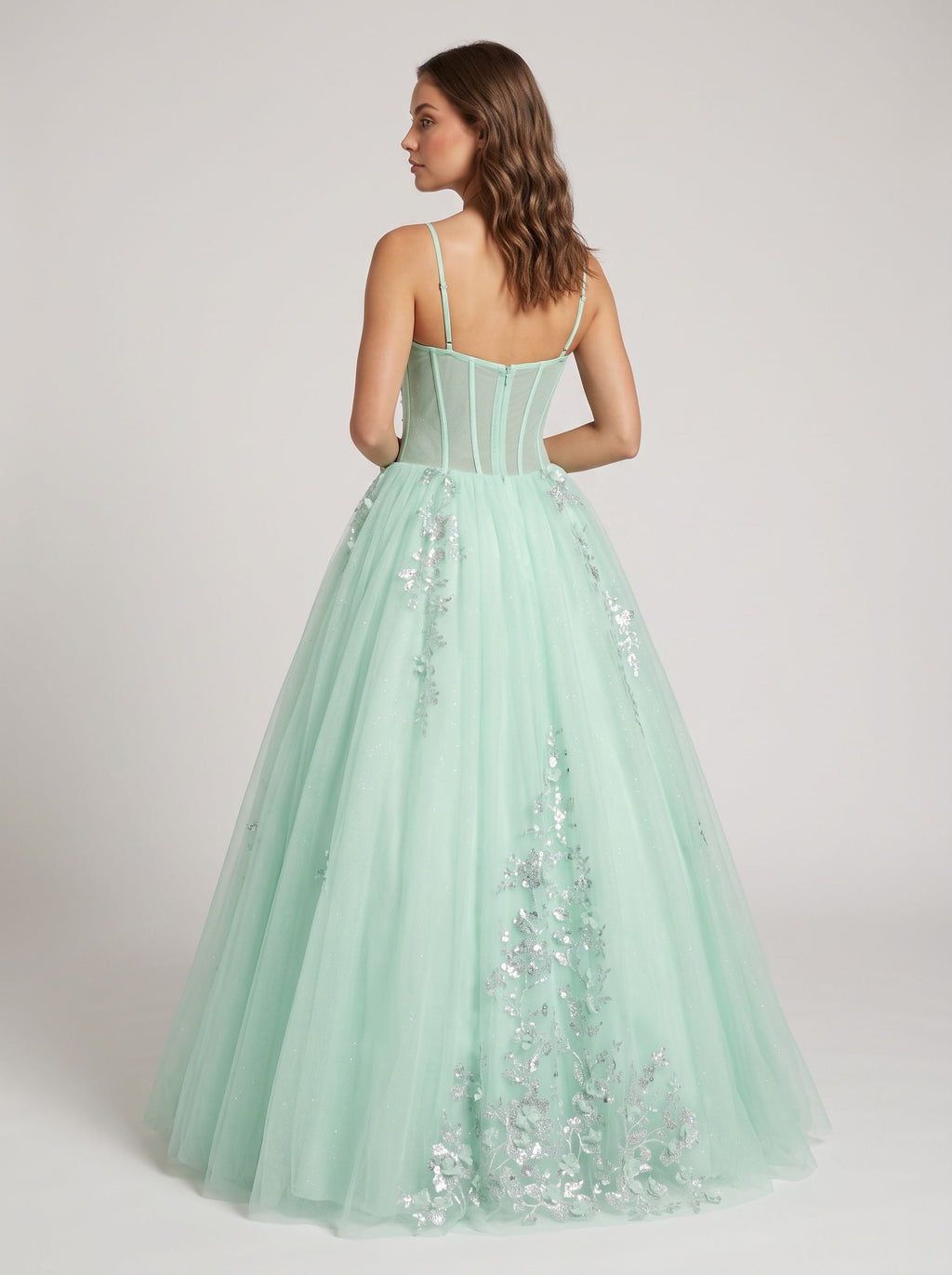 Mint Green Tulle A-Line V-Neck Back Zip Floor-Length Dress with Lace Appliques - Curvevia