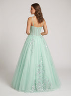 Mint Green Tulle A-Line V-Neck Back Zip Floor-Length Dress with Lace Appliques - Curvevia