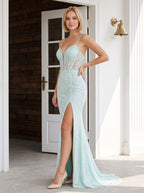 Mint Green Tulle Mermaid Sweetheart Backless Floor-Length Dress with Lace Applique - Curvevia